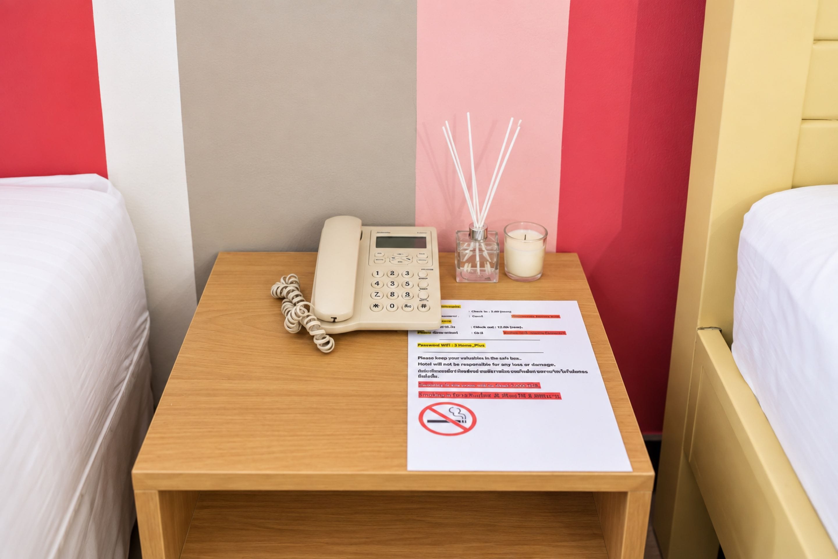 A hotel room with a bedside table featuring a telephone, a candle, and a sign with hotel rules.