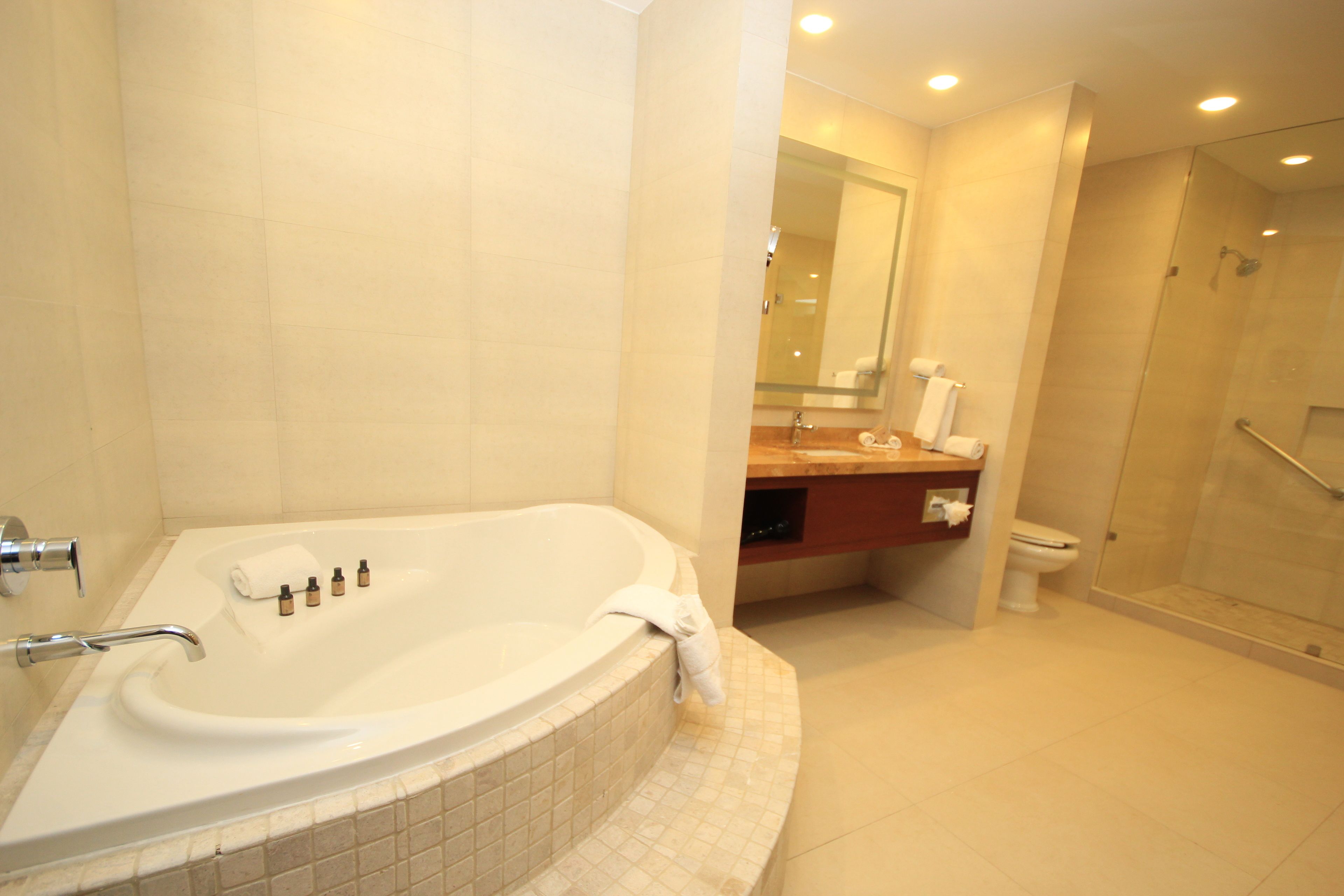 A modern bathroom with a large bathtub, a glass-enclosed shower, and a vanity with a mirror.