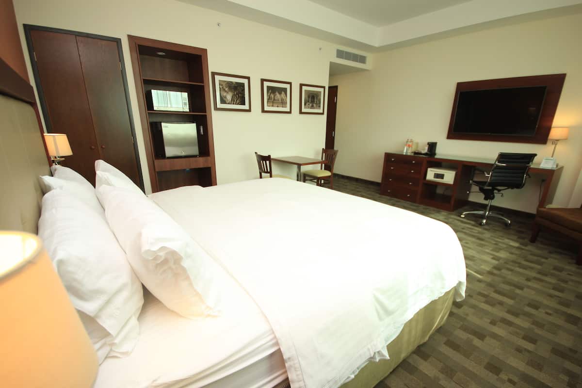 A hotel room with a large bed, a desk, a chair, a TV, and a bookshelf.