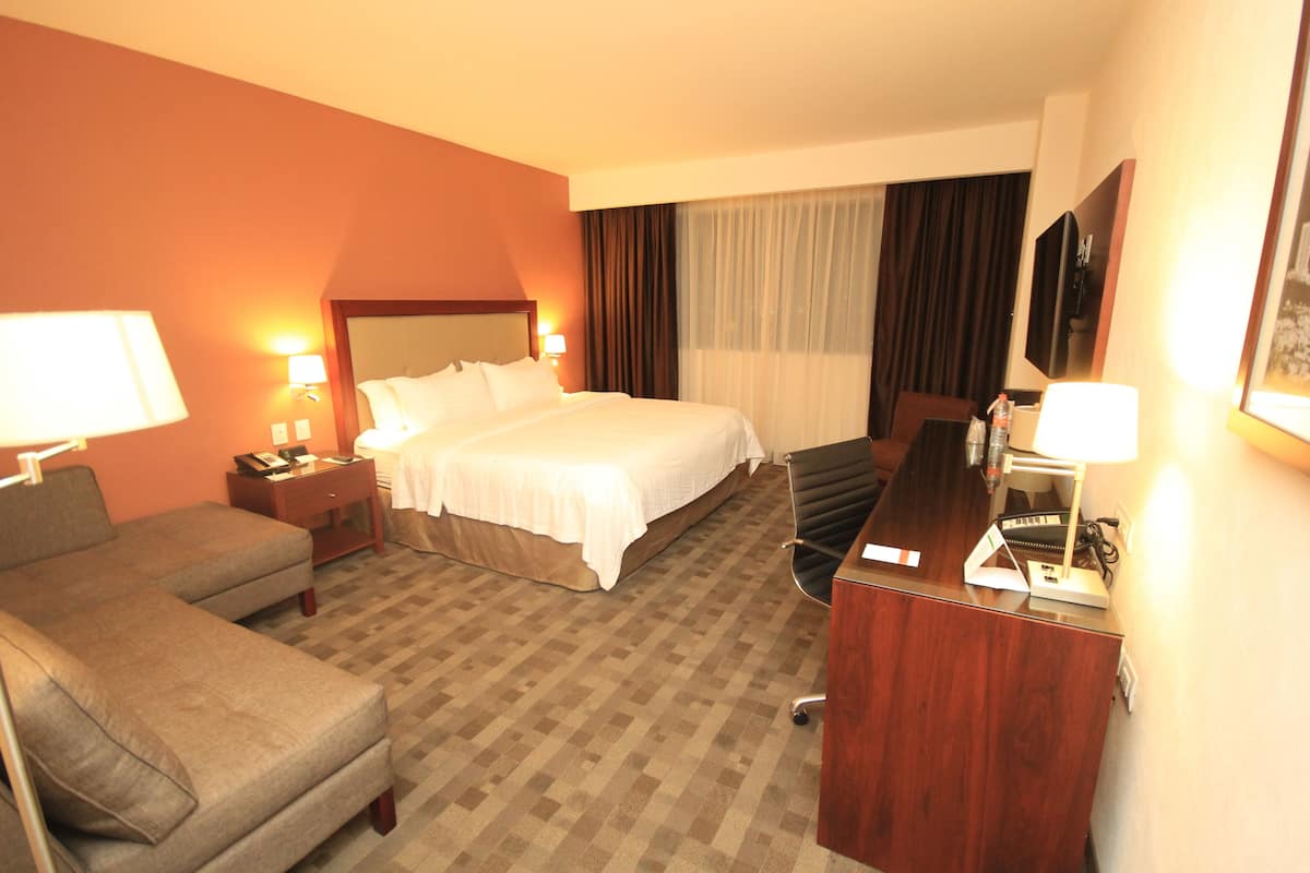 A hotel room with a bed, a desk, a chair, and a sofa.