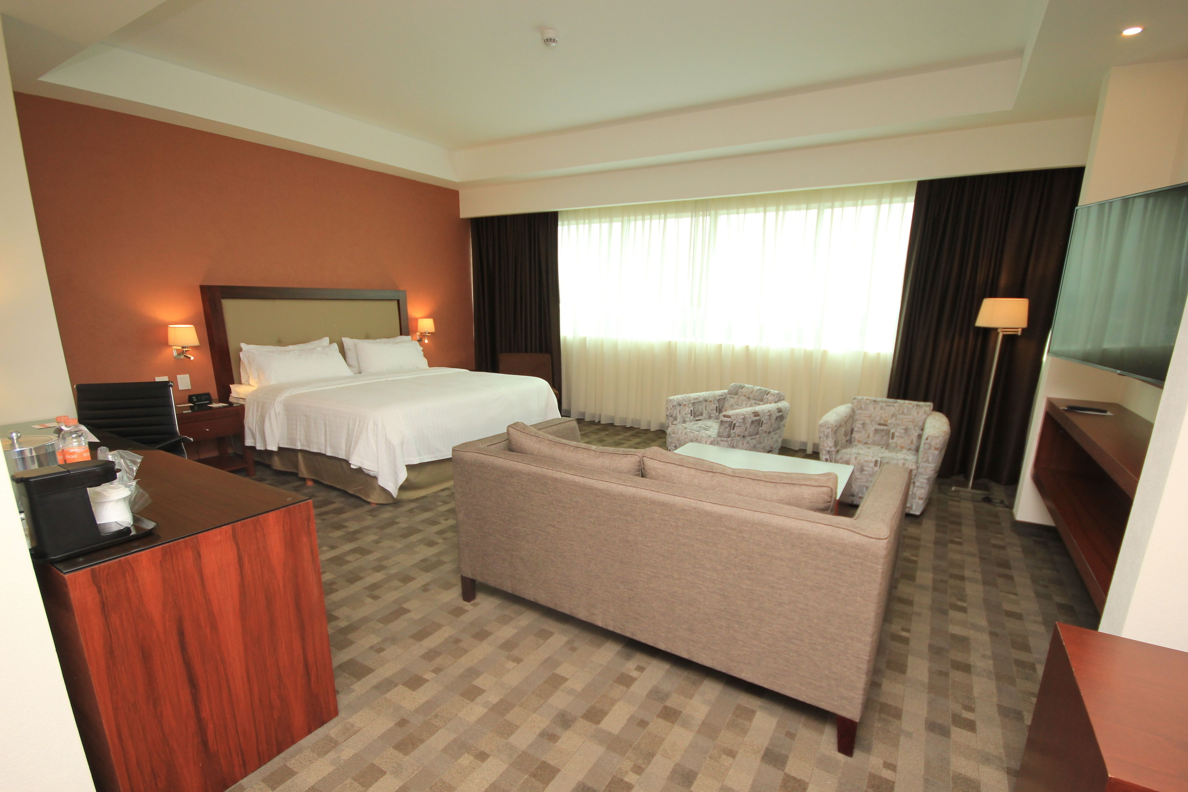 A hotel room with a bed, a sofa, a desk, and a TV.