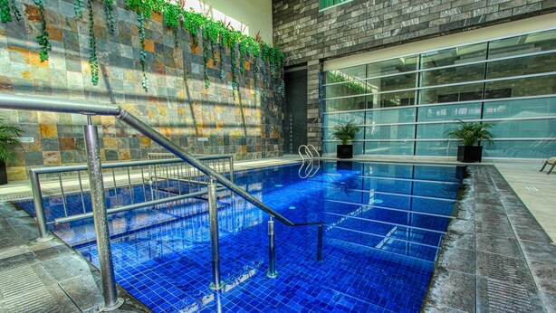 Une piscine intérieure aux carreaux bleus, avec des rampes en métal et un mur de pierre agrémenté de verdure.