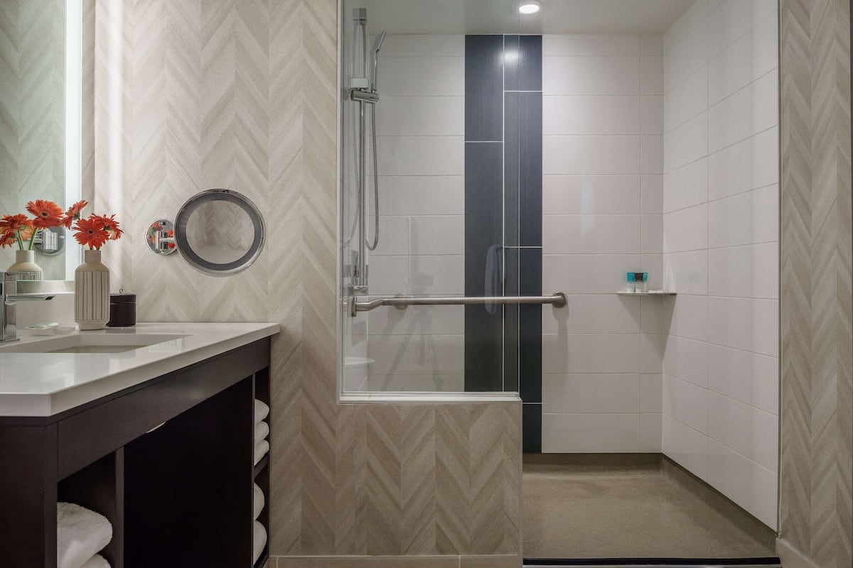 room, 1 king bed with sofa bed, accessible (shower) | bathroom | free toiletries, hair dryer, slippers, towels