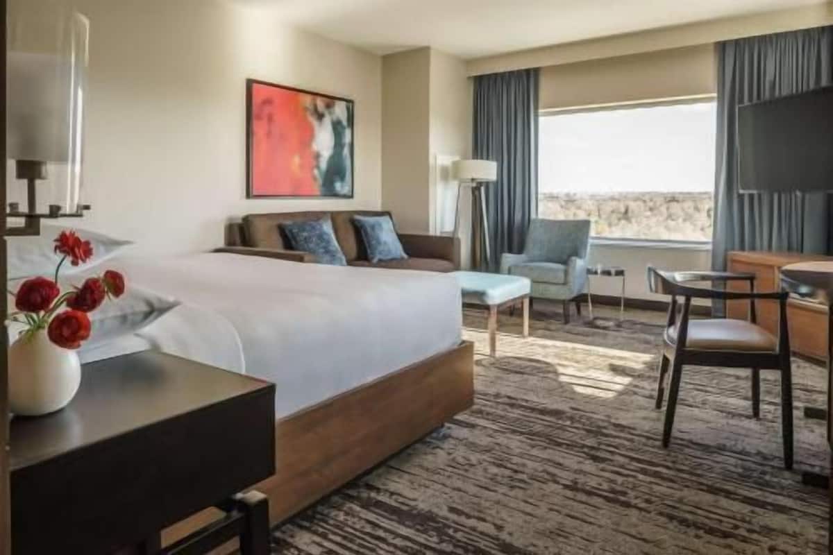 Une chambre d’hôtel équipée d’un lit, d’un bureau, d’une chaise, d’un canapé, d’une télévision et d’une fenêtre avec des rideaux.