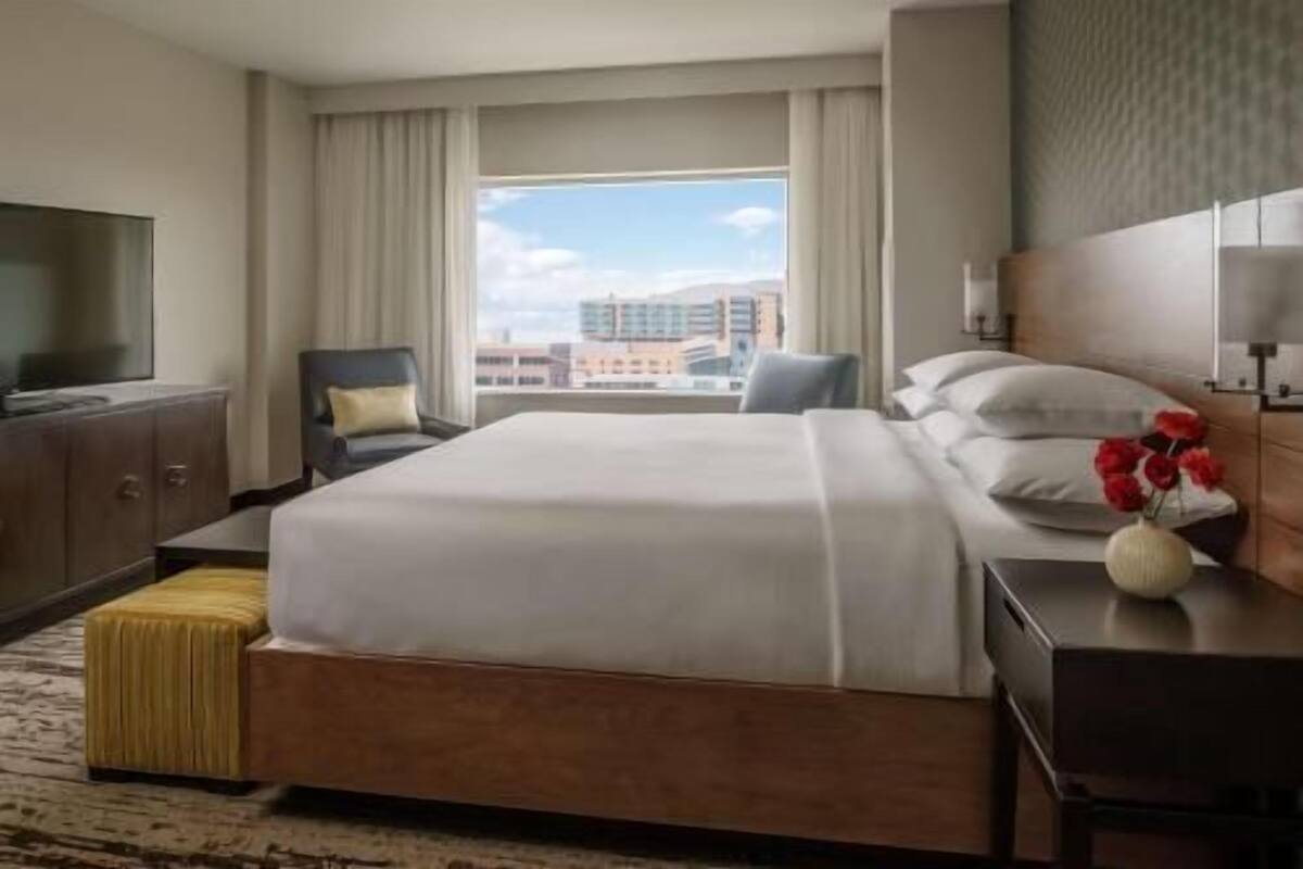 Une chambre d’hôtel avec un grand lit, une télévision, un bureau avec une lampe et une vue sur le paysage urbain.
