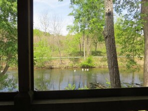 A view through a window of a natural landscape with a pond, trees, and a clear sky. - River Place Inn (Pigeon Forge)