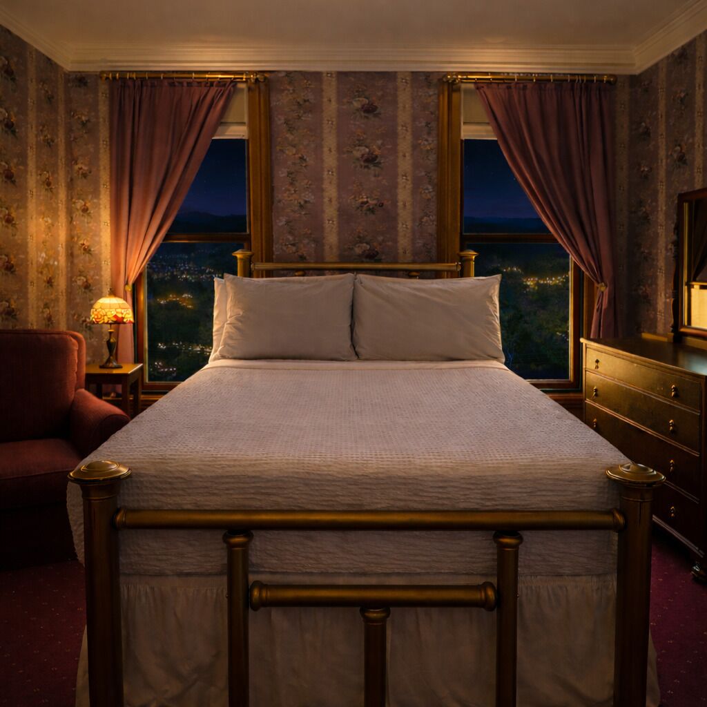 A bed with a headboard, a nightstand with a lamp, a chair, and a dresser.
