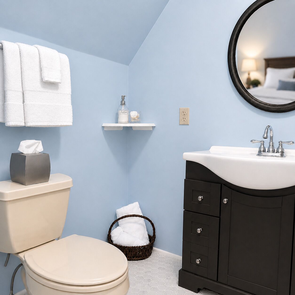 A bathroom with a toilet, a sink, a mirror, and a basket of towels.