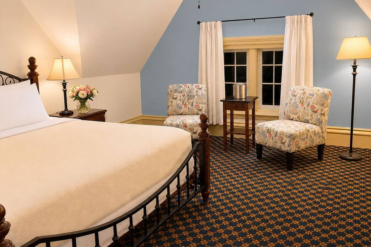 A bedroom with a large bed, two patterned armchairs, a small table with a kettle, and a floor lamp.