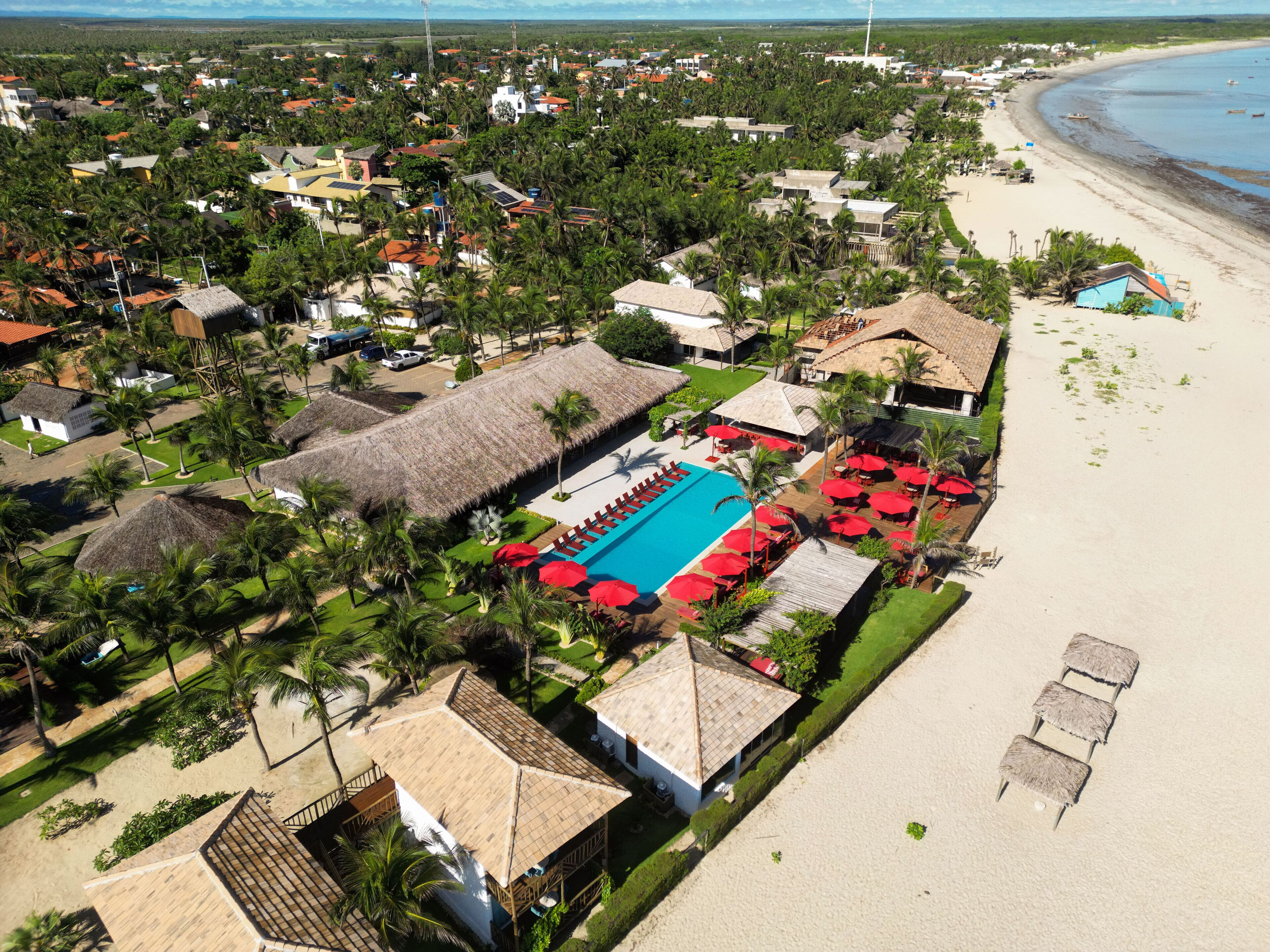 An aerial view of a resort with a swimming pool, beach, and thatched-roof buildings.