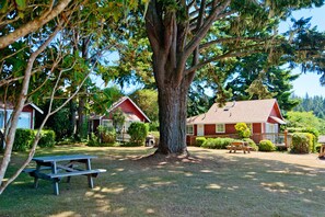 A large tree in front of a red house with a picnic table and benches. - View Crest Lodge (Trinidad)