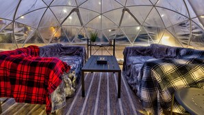 A geodesic dome interior with two sofas, a small table, and a potted plant.