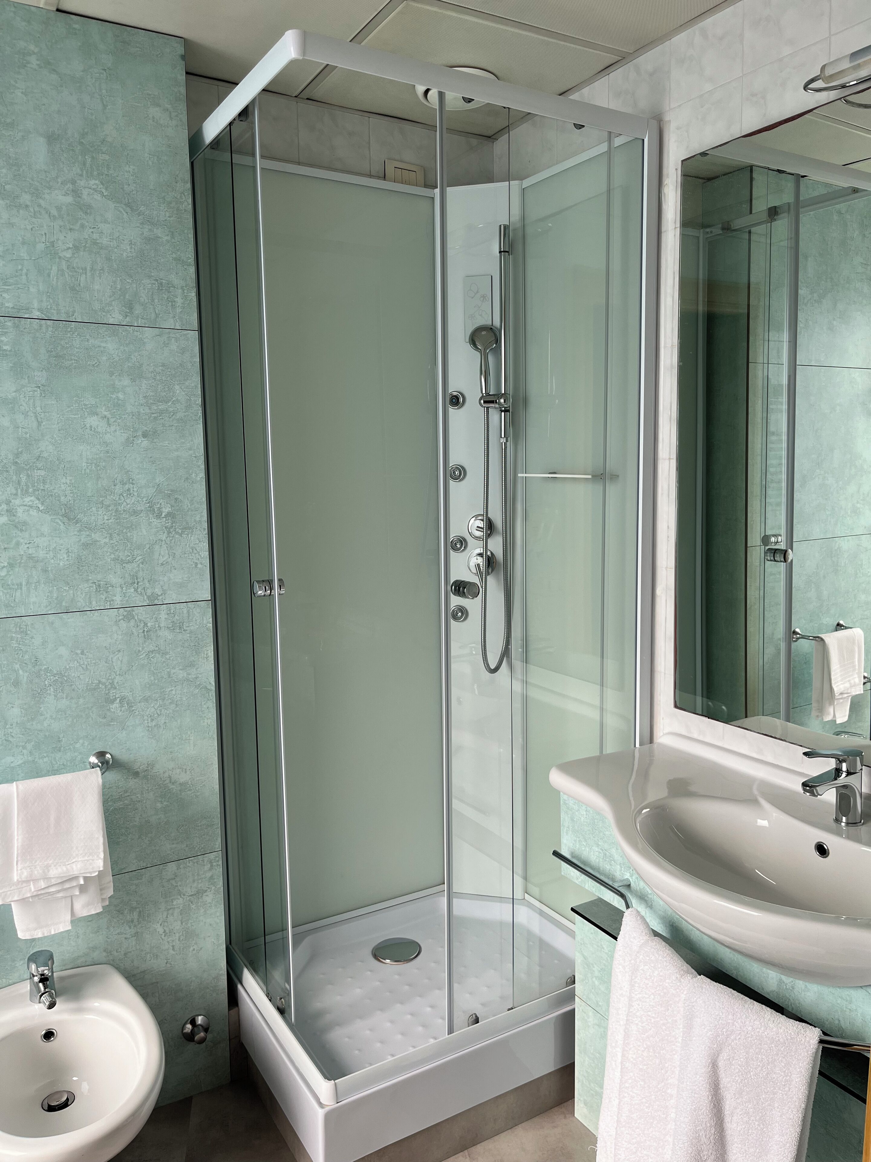 A modern bathroom with a glass-enclosed shower, a sink, and a mirror.