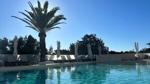 A clear swimming pool with lounge chairs and umbrellas, surrounded by trees and a clear sky. - Complejo Lago Playa (Formentera)