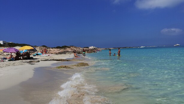 A beach with clear turquoise water, people sunbathing, and a pier in the distance. - Complejo Lago Playa (Formentera)