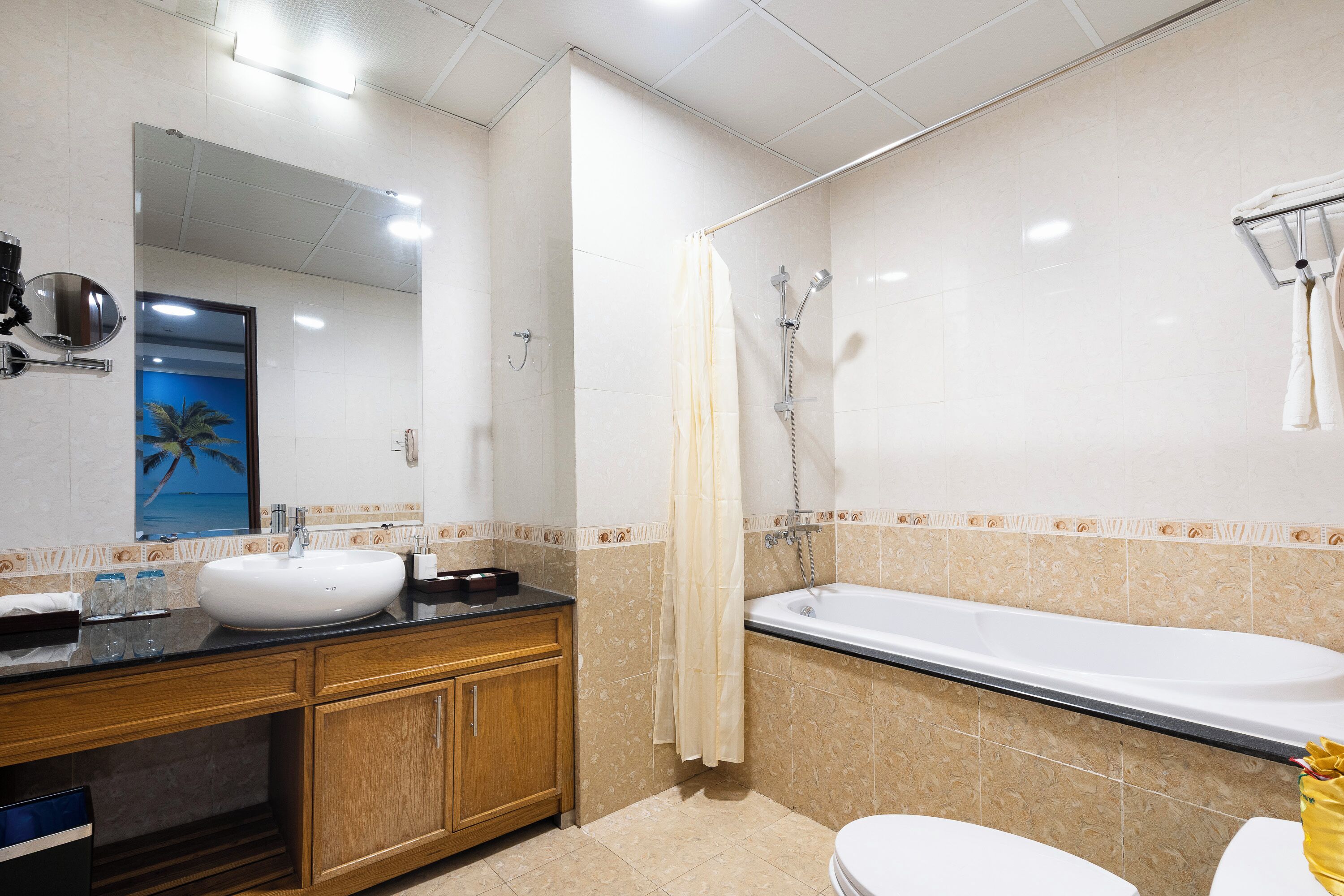 A bathroom with a sink, mirror, shower, and toilet.