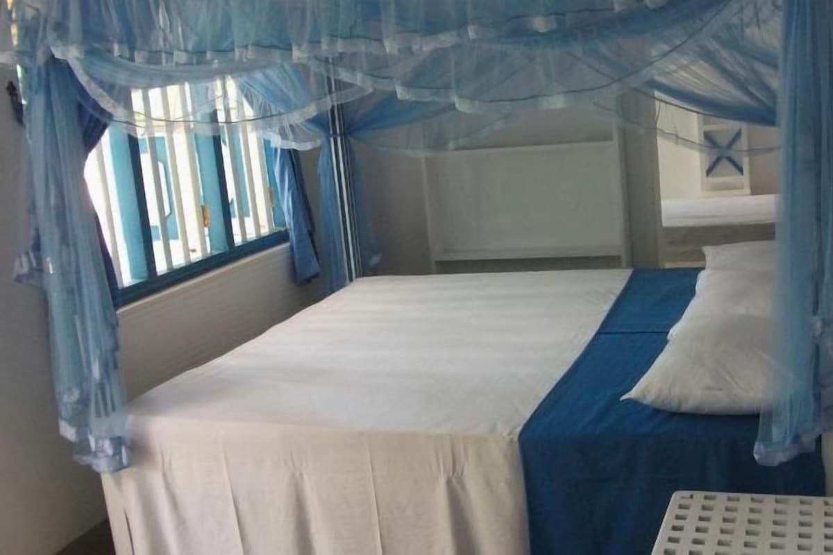 A single bed with a canopy, a bedside table, and a window with curtains.
