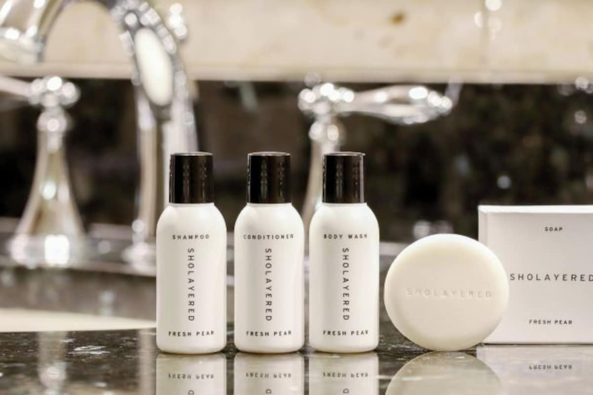 Separate tub and shower, free toiletries, hair dryer, slippers