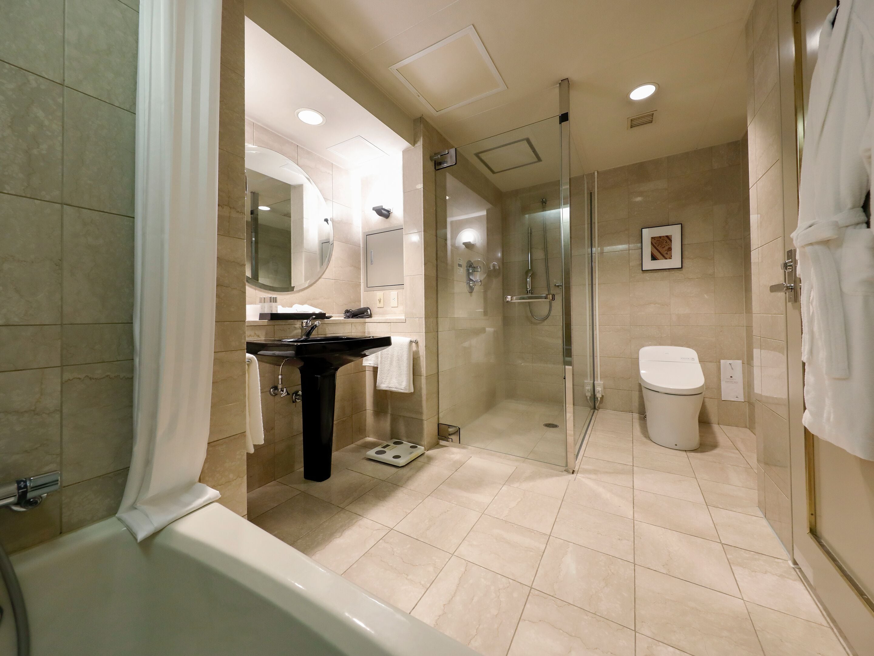 separate bathtub and shower, free toiletries, hair dryer, slippers