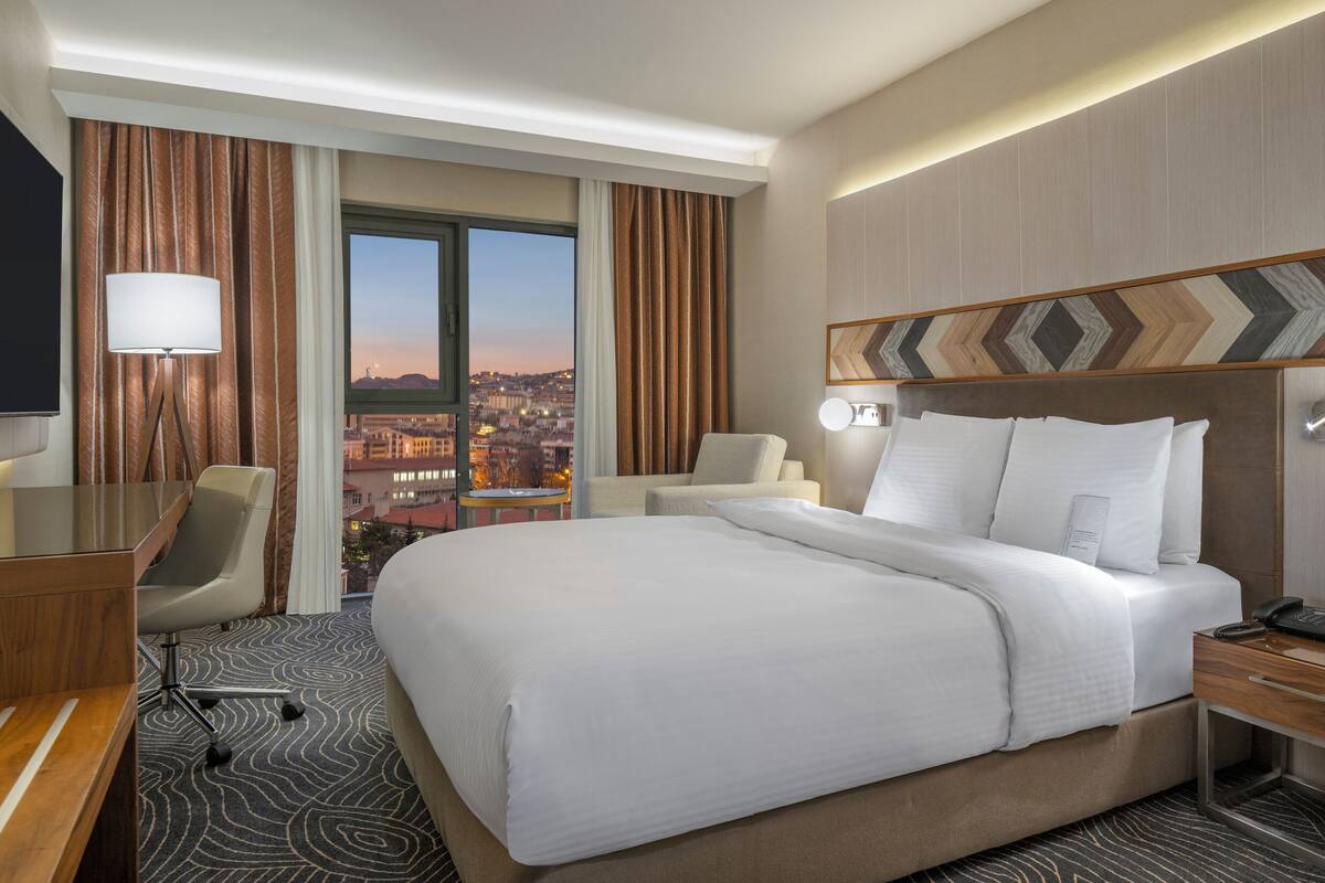 A hotel room with a large bed, a desk, a chair, a TV, and a view of the city.