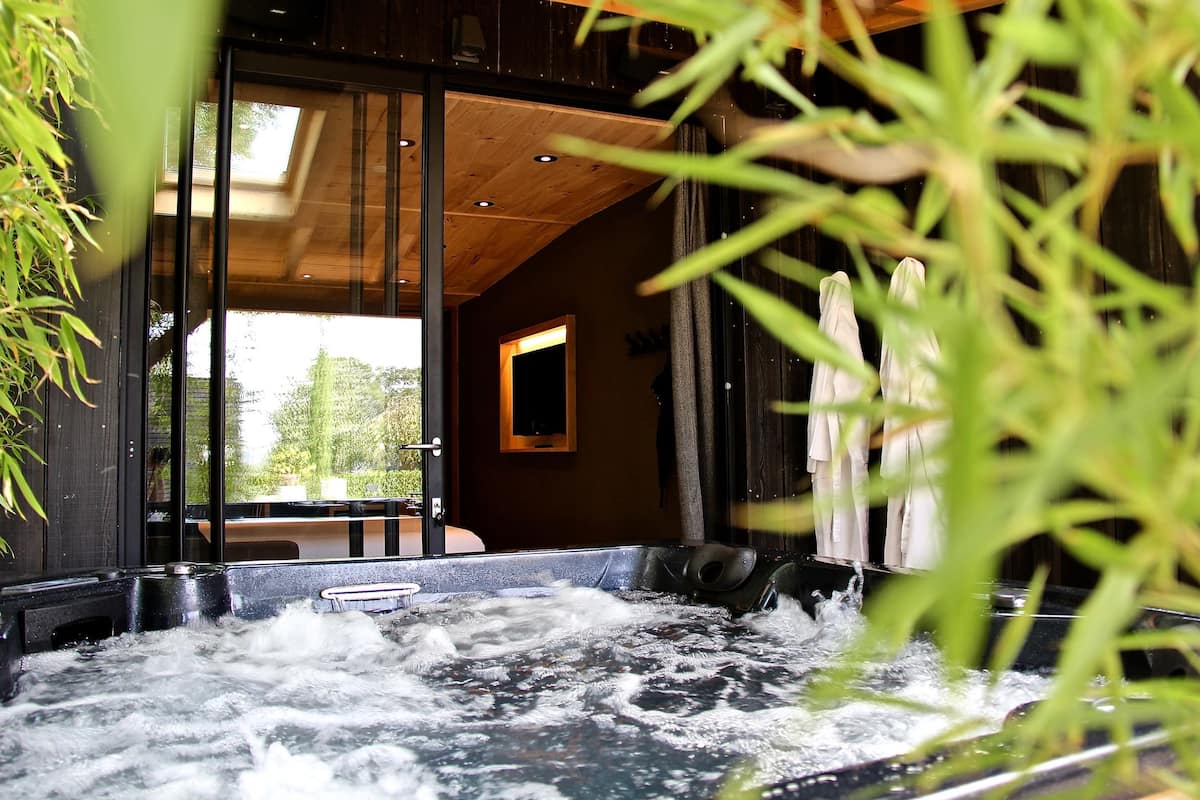 Un bain à remous avec jets d’eau, entouré de plantes d’intérieur et de poutres en bois.
