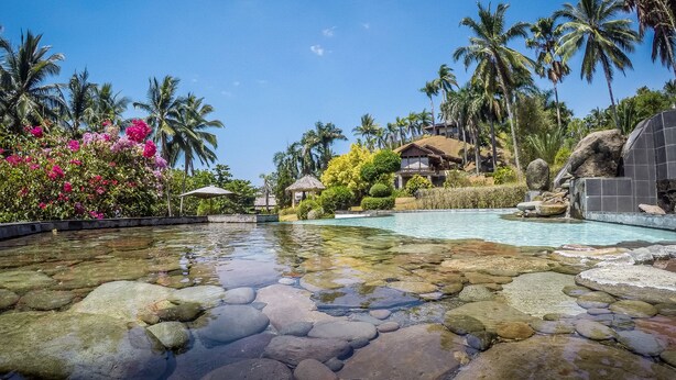 A clear pool with rocks, surrounded by palm trees and a building with a thatched roof. - Janji Laut Resort (Tombariri)