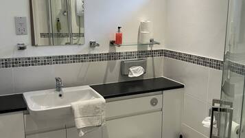 Un baño moderno con cabina de ducha de vidrio, un lavabo blanco y un inodoro.