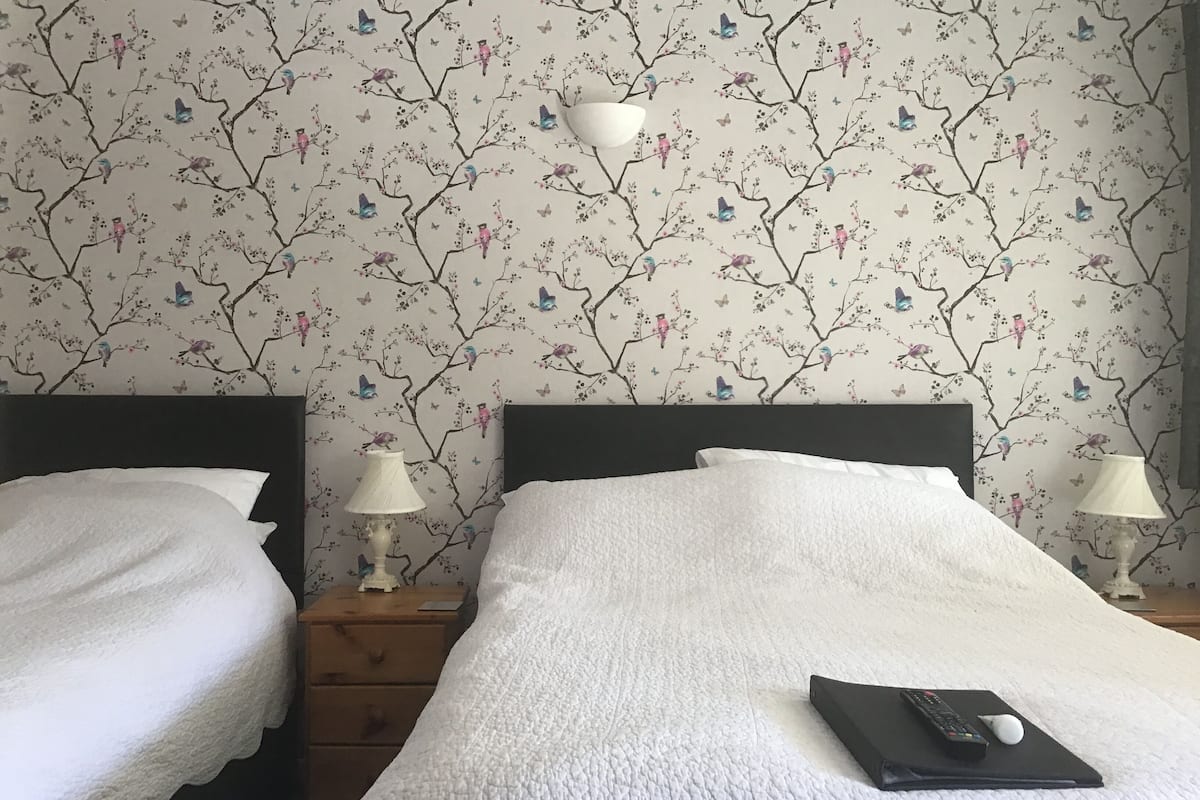 A hotel room with two beds, each with a white bedspread and matching pillows. There are two bedside tables with lamps, and a black remote control and a white object on the bed.
