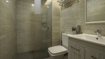 Shower, free toiletries, bidet, towels