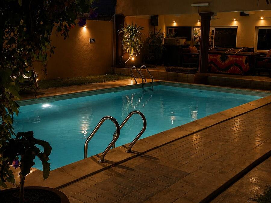 Outdoor pool, pool umbrellas, sun loungers