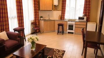 Un espacio habitable compacto con kitchenette, zona de comedor y sala de estar con sofá y mesa de centro.