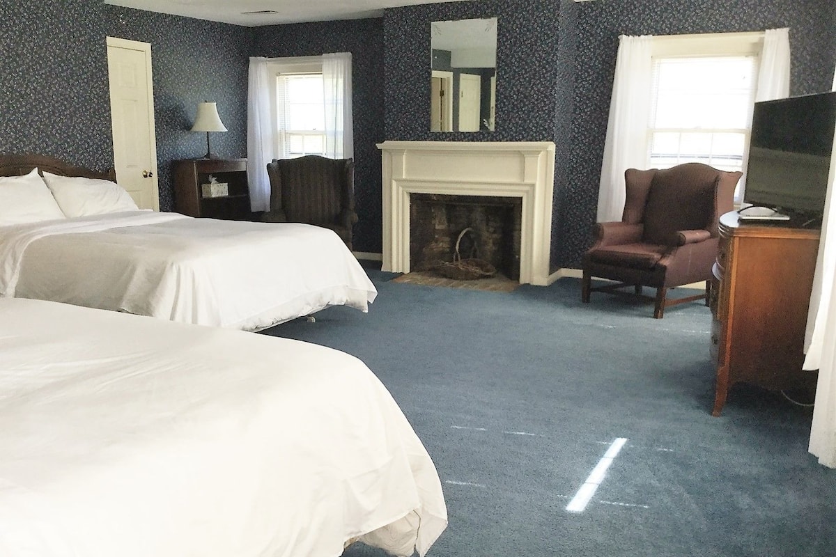 Une chambre d’hôtel avec deux lits, une cheminée, un téléviseur et un fauteuil.