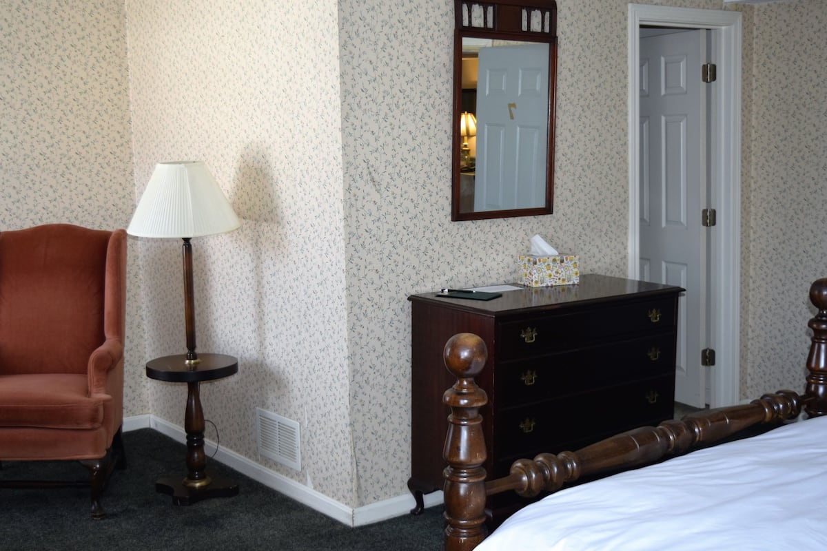 Une chambre à coucher avec un lit en bois, un fauteuil marron, une petite table avec une lampe, une commode et une porte.