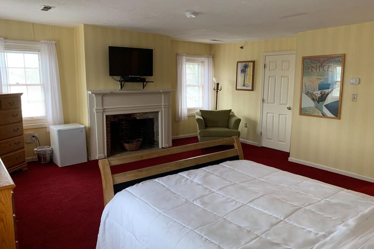 Une chambre à coucher comprenant un lit, une cheminée, un téléviseur, une chaise et une commode.