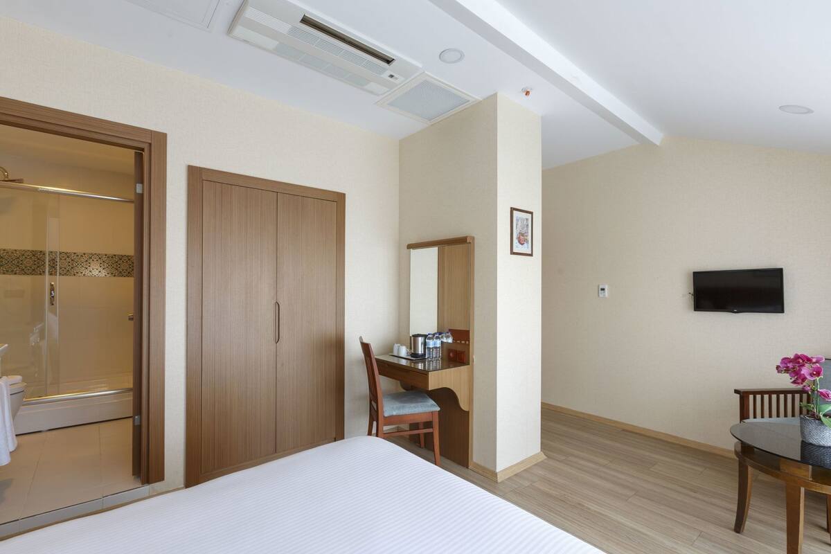 Habitación de hotel con cama, escritorio, silla, televisión y zona de ducha.