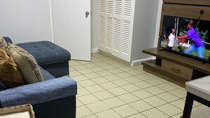 A living room with a blue sofa, a TV on a wooden stand, and a white door with louvered shutters.