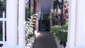 A covered walkway leading to a building entrance, flanked by white columns and potted plants.