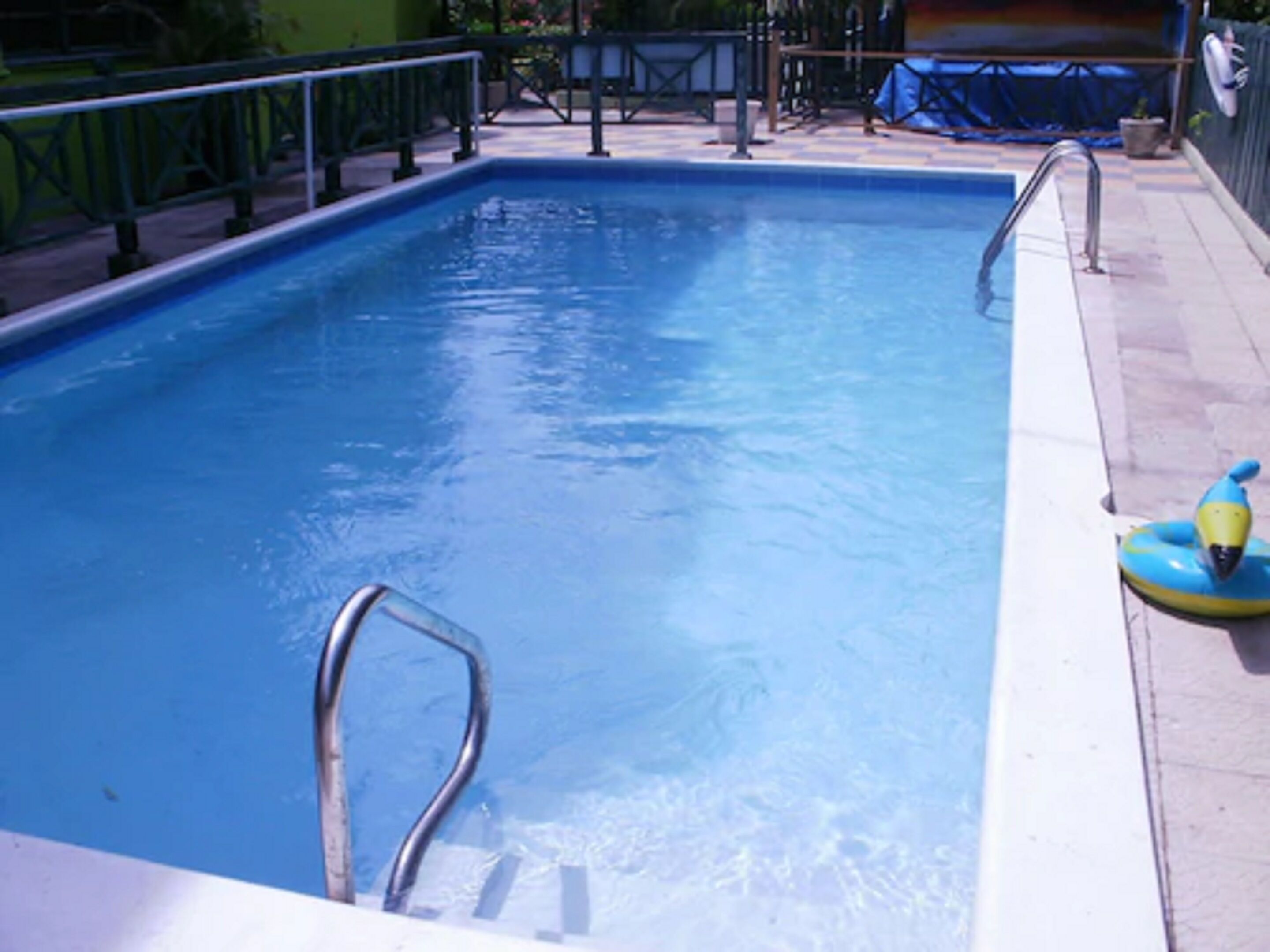 A rectangular swimming pool with a metal ladder on one side and a blue inflatable ring on the other.