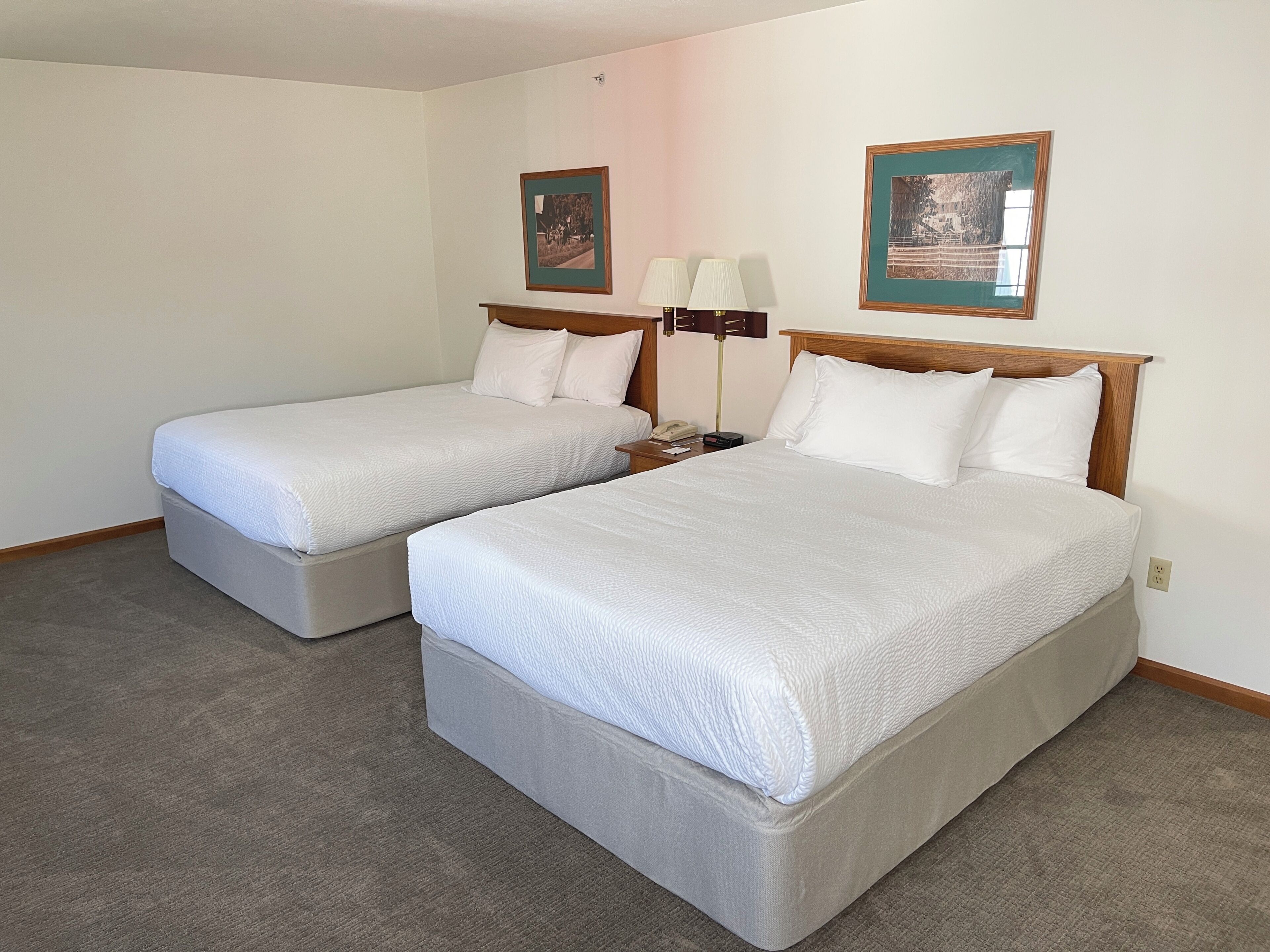 Habitación de hotel con dos camas individuales, una mesita de noche con lámpara y dos cuadros enmarcados en la pared.