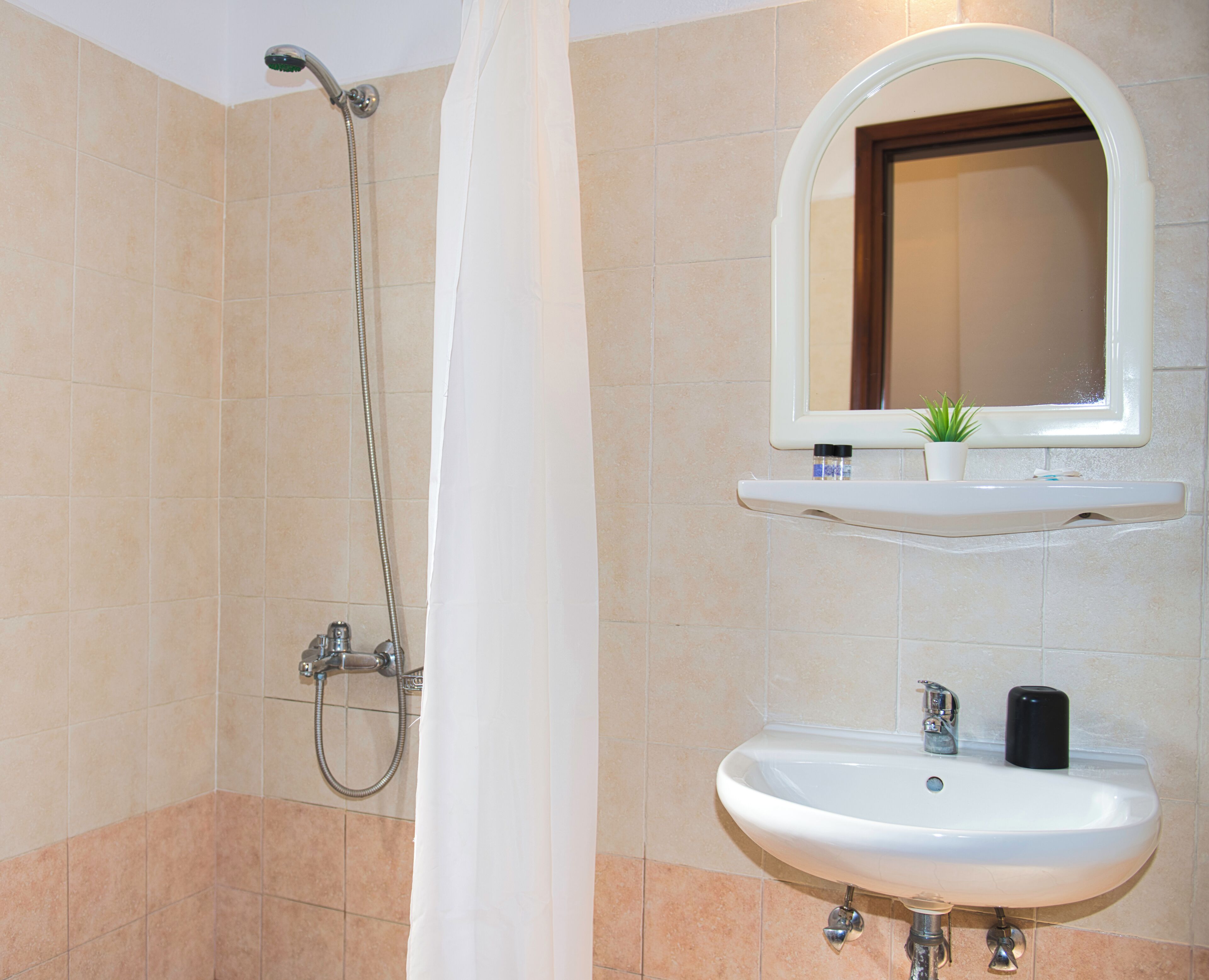 A bathroom with a shower, a sink, and a mirror.