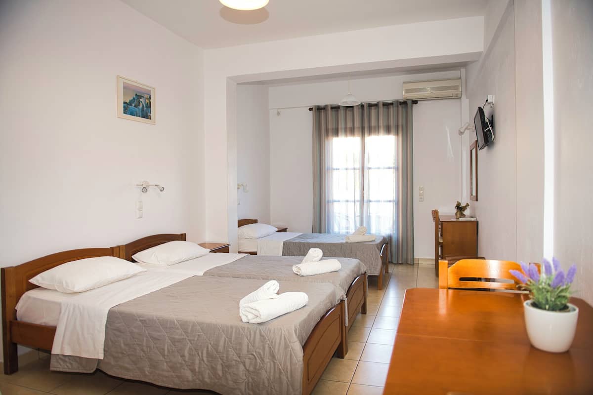 A hotel room with two beds, a wooden table, a chair, a potted plant, and a television on the wall.