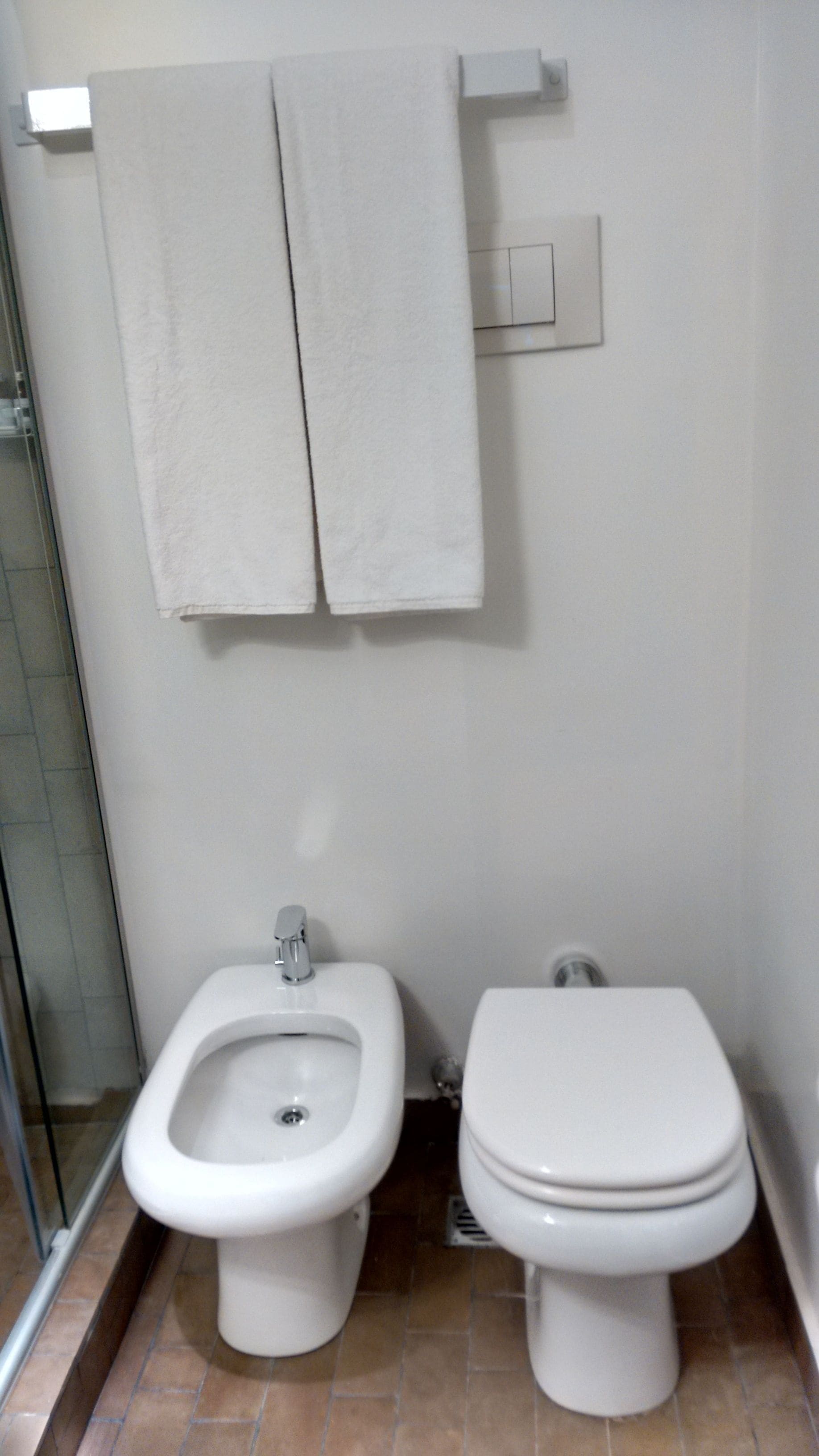 A bathroom with a bidet, toilet, and two towels hanging on a rack.