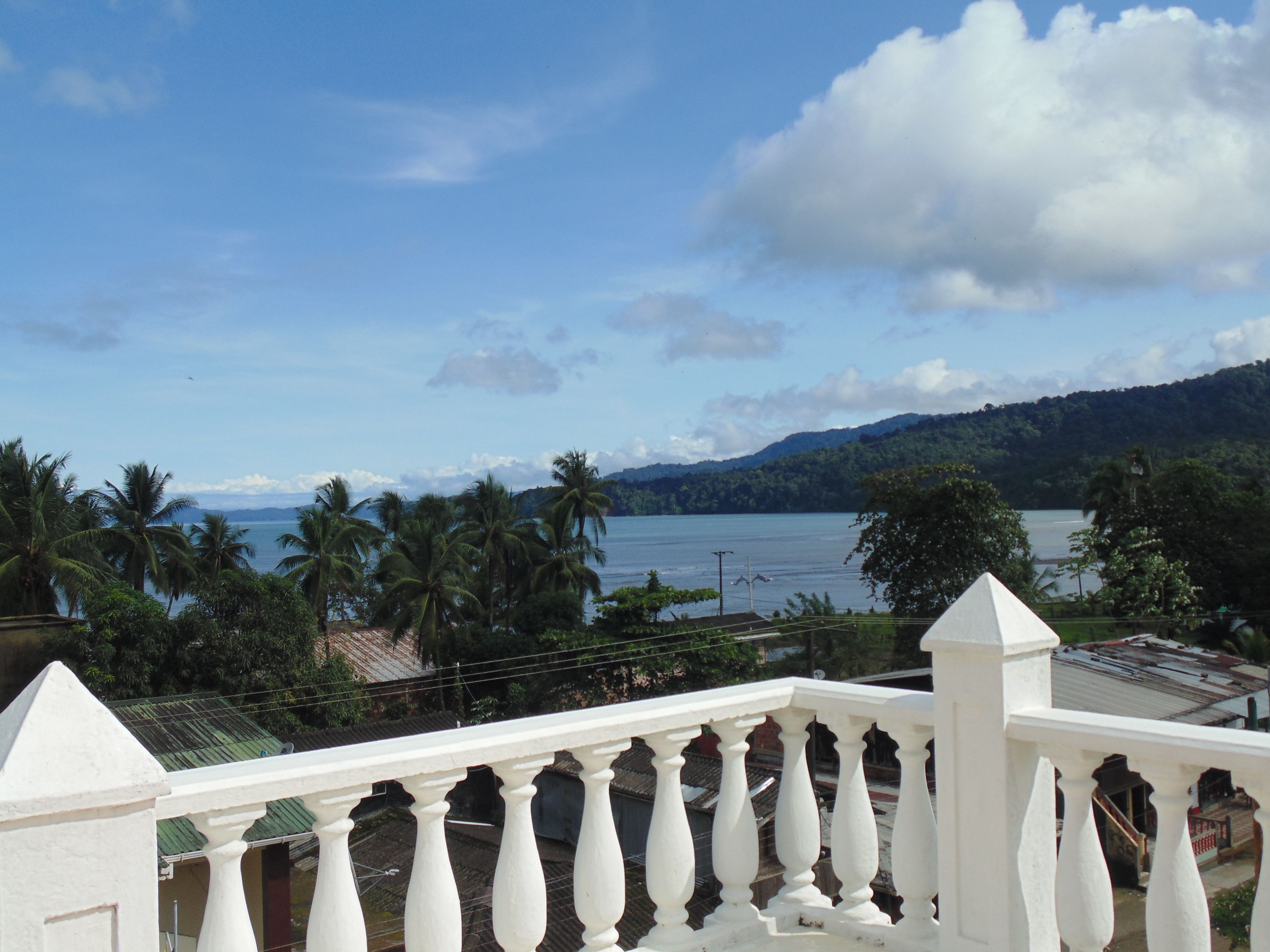 A balcony with white balustrades overlooking a body of water, palm trees, and distant mountains.
