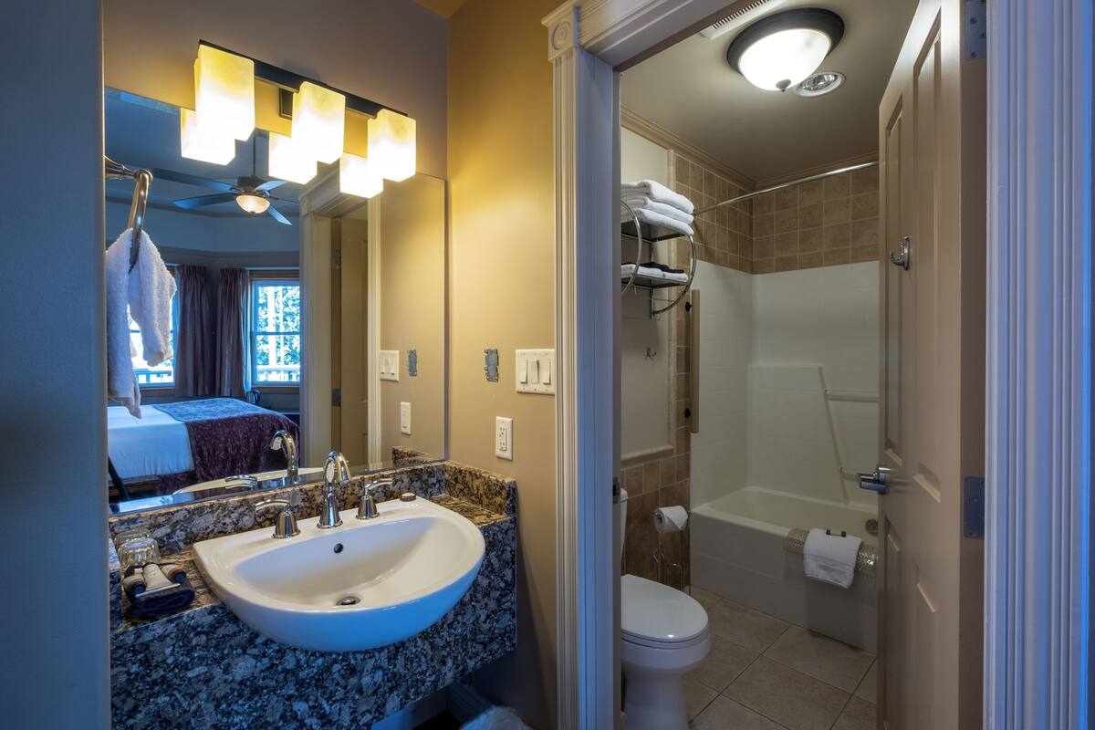 standard room, 1 king bed, lake view | bathroom | combined shower/bathtub, free toiletries, hair dryer, towels