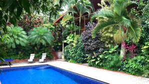 A rectangular swimming pool with clear blue water, surrounded by lush tropical plants and a wooden deck. - Eden Atenas (Mercedes)