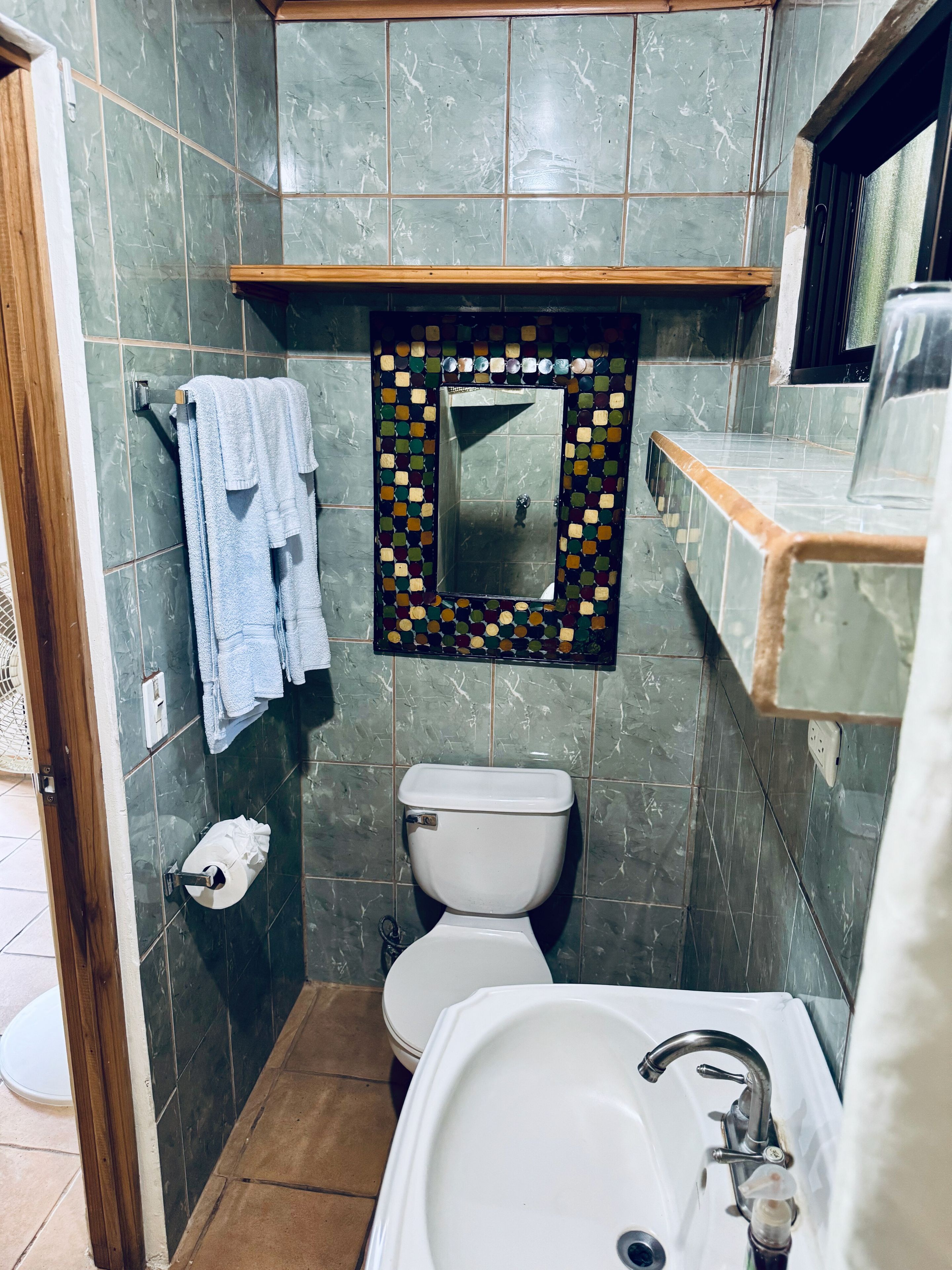 A bathroom with a toilet, sink, and a mirror with a mosaic frame.