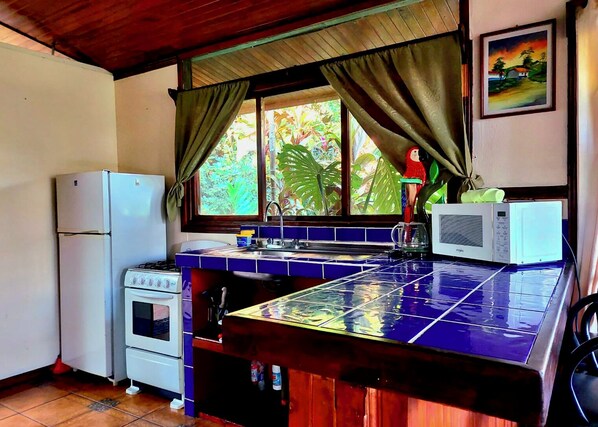 Una cocina compacta equipada con refrigerador, estufa, microondas y una ventana con cortinas.