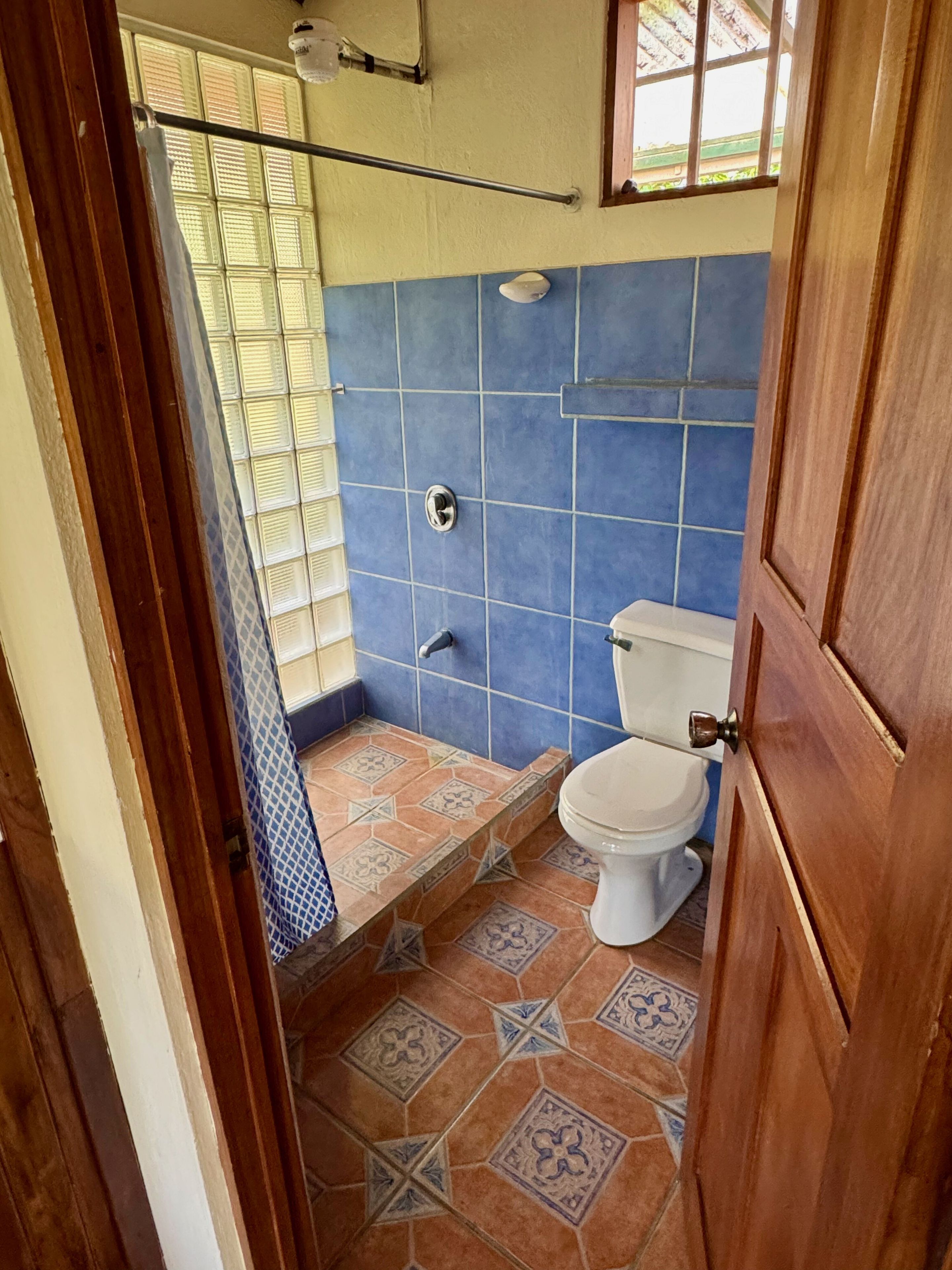 A bathroom with a toilet, shower, and tiled floor.