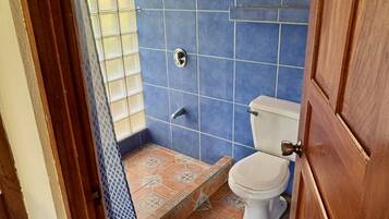 A bathroom with a toilet, shower, and tiled floor.