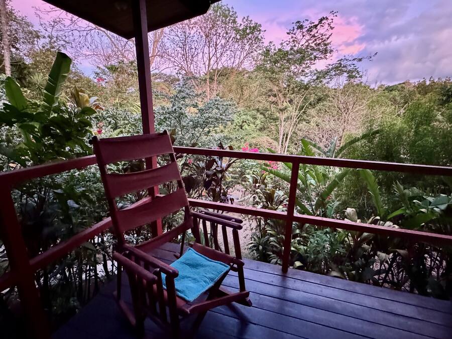 Una terraza de madera con una silla roja y un cojín azul, con vistas a un jardín exuberante con diversas plantas y árboles.